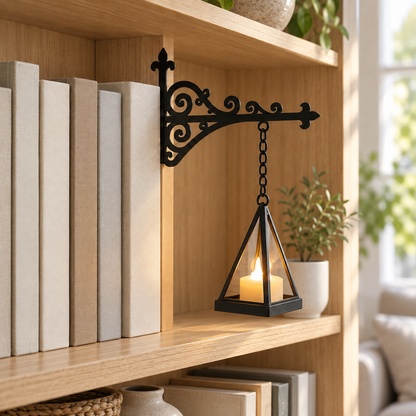 Pyramid Lantern pendant, an open frame holding a loose LED tealight, on the black bracket on pale oak shelving