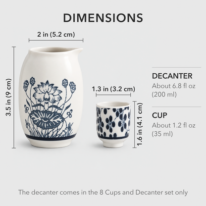 Dimensions of the sake decanter and cup: decanter 3.5 in tall and 2 in across the top, cup 1.6 in tall and 1.3 in across