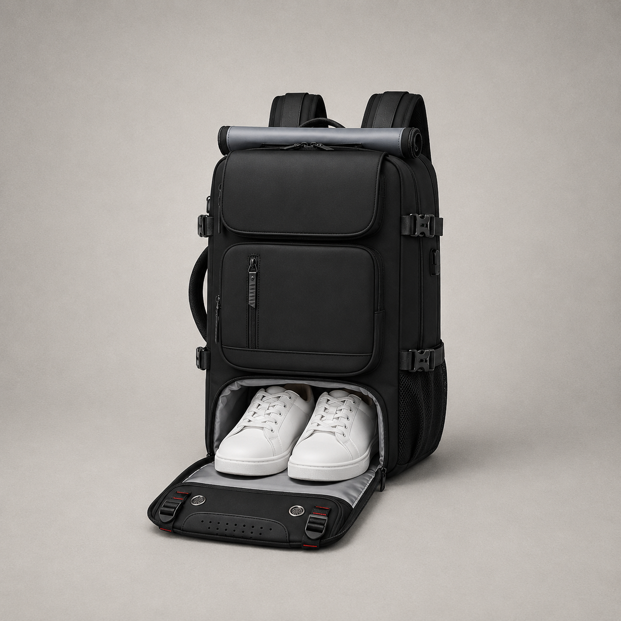 Black travel backpack on gray with the bottom shoe compartment unzipped and folded down, holding a pair of white sneakers on a gray lining