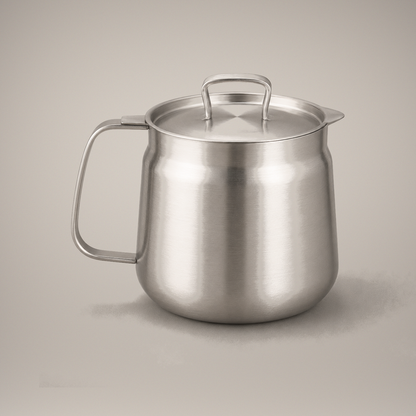 Studio front view of the stainless steel oil strainer pot with its lid on