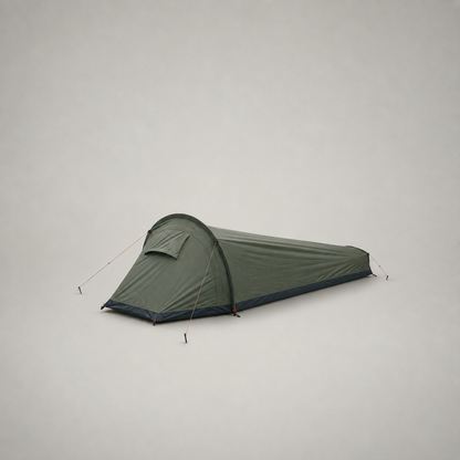 Army Green one-person backpacking tent pitched on a plain grey studio background