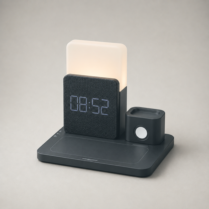 Black charging station on plain grey, lamp lit, fabric clock face, phone pad and watch dock
