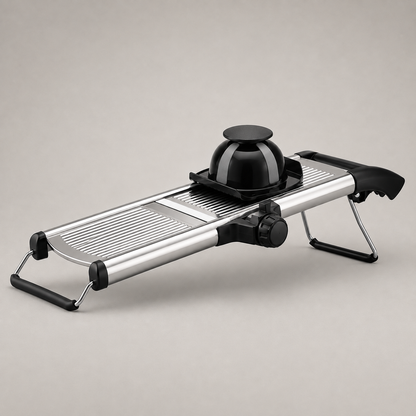 Stainless steel mandoline slicer standing on its folding wire legs with the black safety guard on the deck, on a warm grey studio background