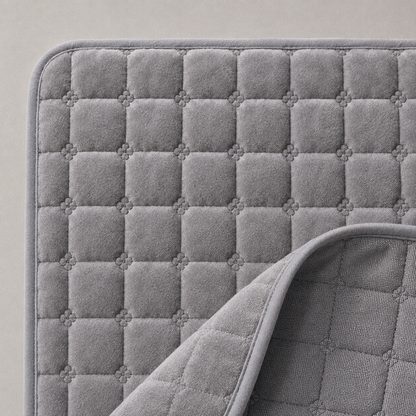 Close up of the gray quilted fabric showing the square quilt grid with a four lobed stitch knot at each intersection, the bound edge, and one corner turned back to show the reverse