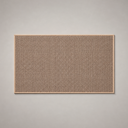 Beige woven kitchen rug photographed flat from above on a grey studio background