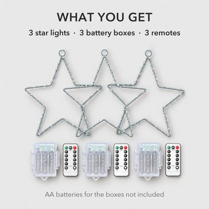 What you get: three star lights, three battery boxes and three remote controls