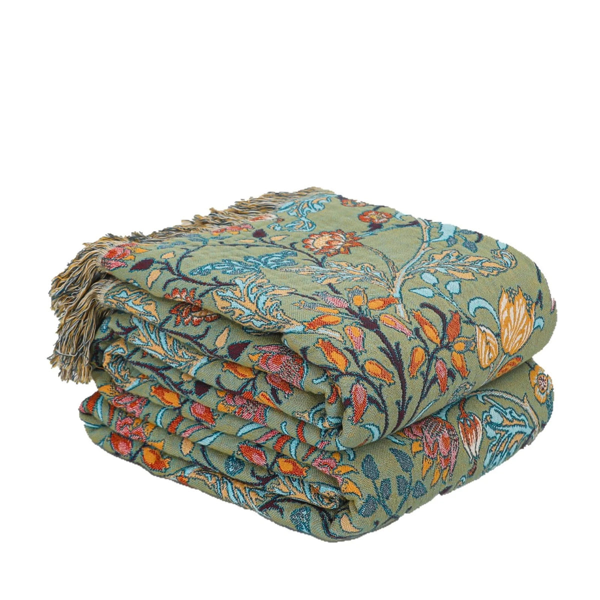 The botanical cotton bedspread folded in a stack on a white background
