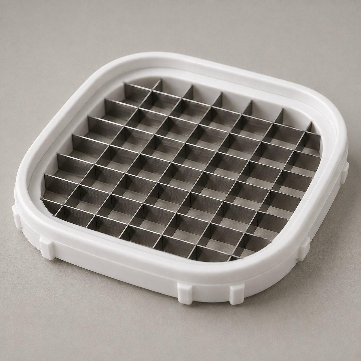 Close up of the interlocking stainless steel blade lattice in its white frame