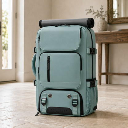 Blue travel backpack standing on the stone floor of a bright entrance hall beside a wooden console table