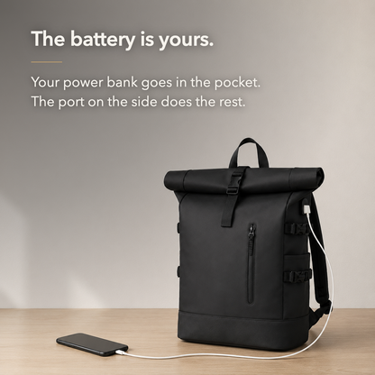 Claim card: the battery is yours. Your own power bank goes in the pocket and feeds the port on the side