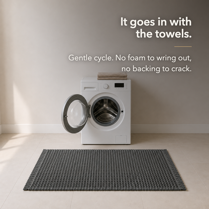 Charcoal waffle weave bath mat on a tiled floor in front of an open washing machine, captioned It goes in with the towels