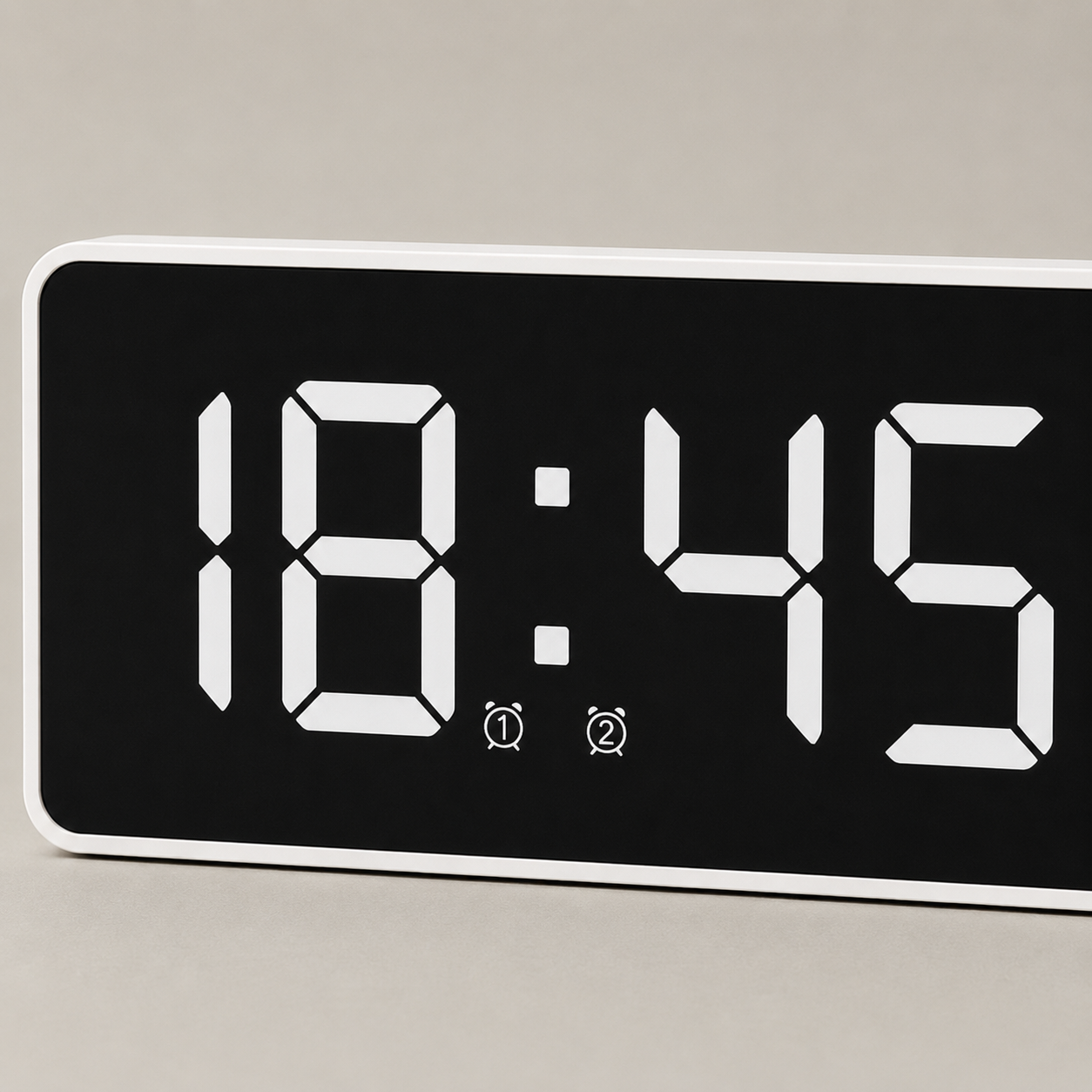 Close-up of the White variant display showing both alarm indicators, numbered 1 and 2, lit beneath the colon