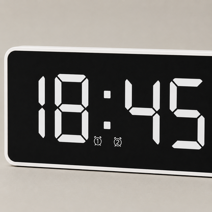 Close-up of the White variant display showing both alarm indicators, numbered 1 and 2, lit beneath the colon