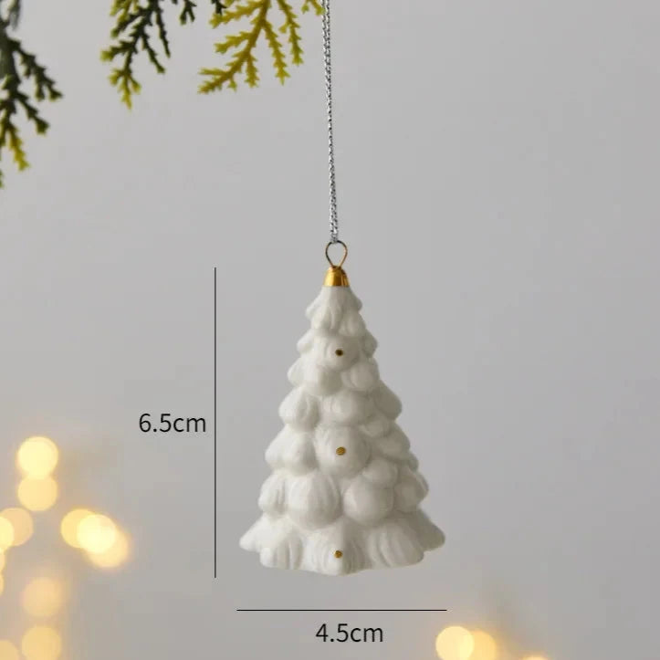 Frosted ornament with a gold cap hanging from its cord, marked 6.5 centimeters tall and 4.5 centimeters wide