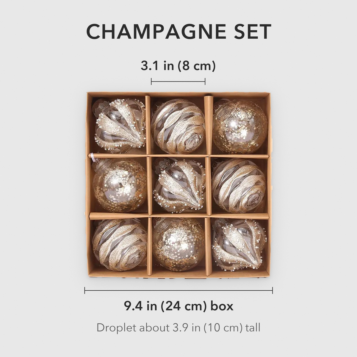 Champagne set dimensions: round baubles 3.1 in (8 cm) across, box 9.4 in (24 cm) wide