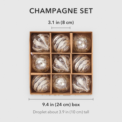 Champagne set dimensions: round baubles 3.1 in (8 cm) across, box 9.4 in (24 cm) wide
