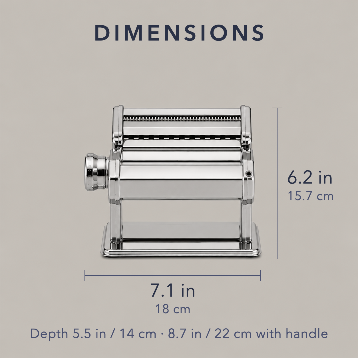 Dimension diagram: 7.1 in / 18 cm wide and 6.2 in / 15.7 cm tall, depth 5.5 in / 14 cm, 8.7 in / 22 cm tall with the handle fitted