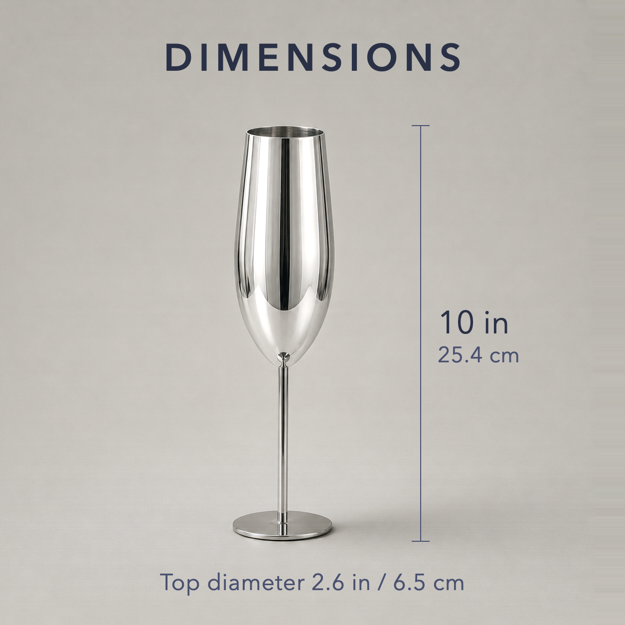 Dimension card showing the champagne flute at 10 inches tall with a 2.6 inch top diameter