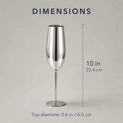 Dimension card showing the champagne flute at 10 inches tall with a 2.6 inch top diameter