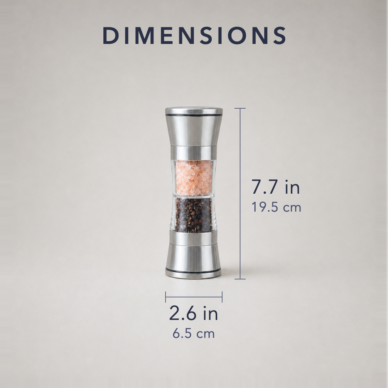 Salt and pepper mill dimensions, 7.7 inches tall by 2.6 inches across