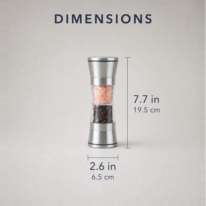 Salt and pepper mill dimensions, 7.7 inches tall by 2.6 inches across