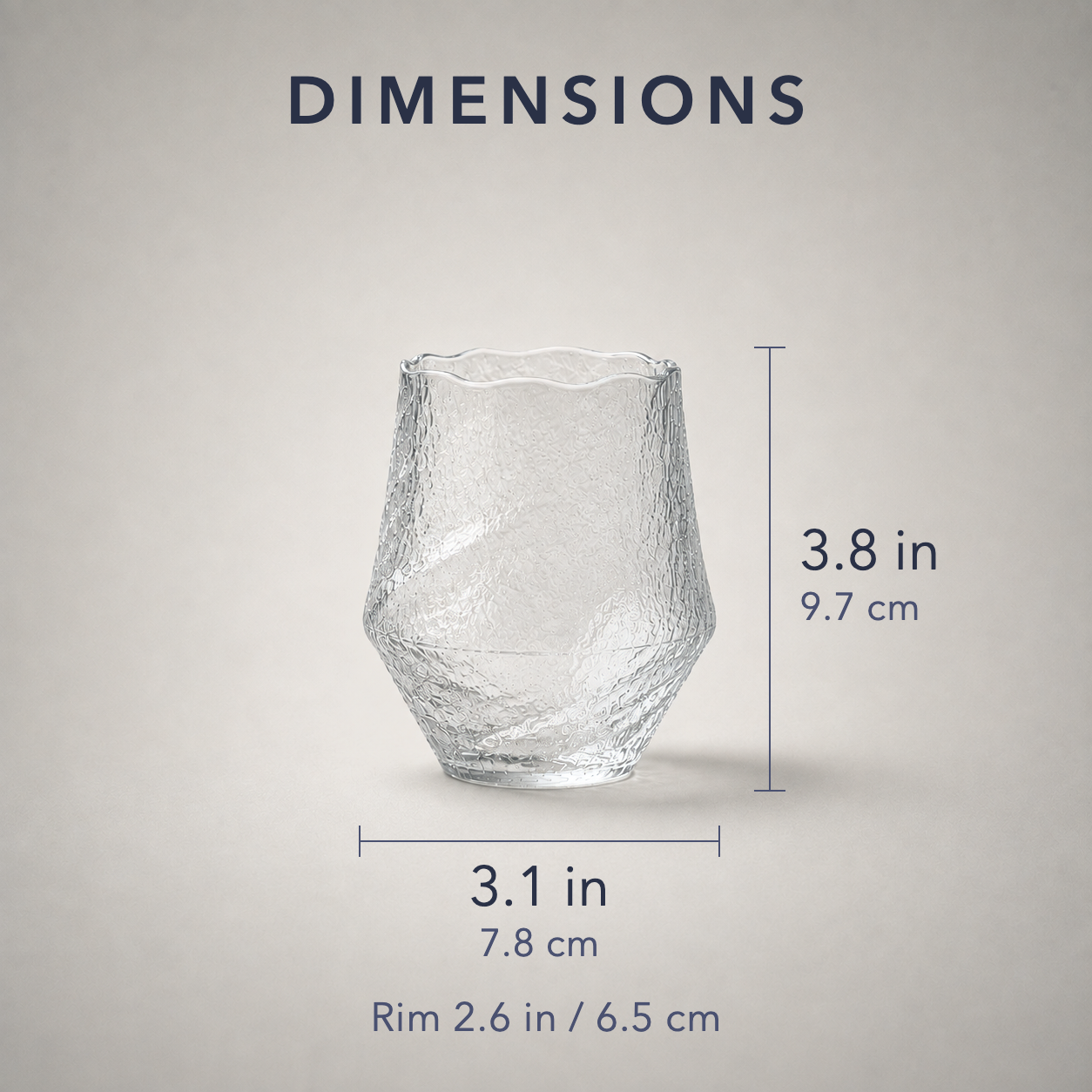 Whiskey tumbler dimensions: 3.8 inches tall, 3.1 inches at the widest, 2.6 inch rim