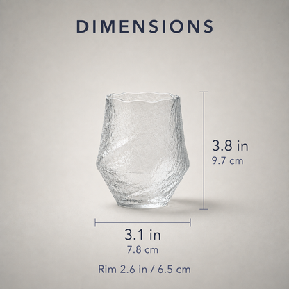 Whiskey tumbler dimensions: 3.8 inches tall, 3.1 inches at the widest, 2.6 inch rim