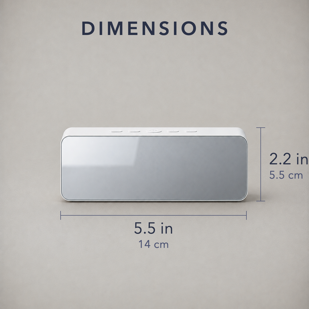 Dimension diagram of the mirror alarm clock, 5.5 inches wide by 2.2 inches tall