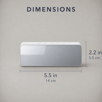 Dimension diagram of the mirror alarm clock, 5.5 inches wide by 2.2 inches tall