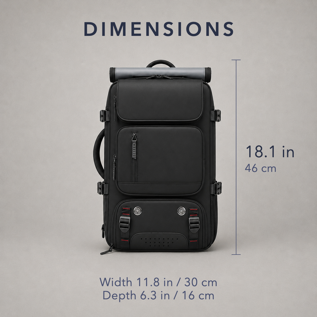 Black travel backpack on gray with its height marked as 18.1 inches or 46 centimeters, and width 11.8 inches and depth 6.3 inches noted below