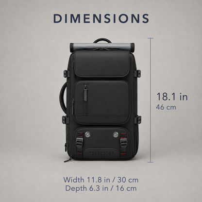 Black travel backpack on gray with its height marked as 18.1 inches or 46 centimeters, and width 11.8 inches and depth 6.3 inches noted below
