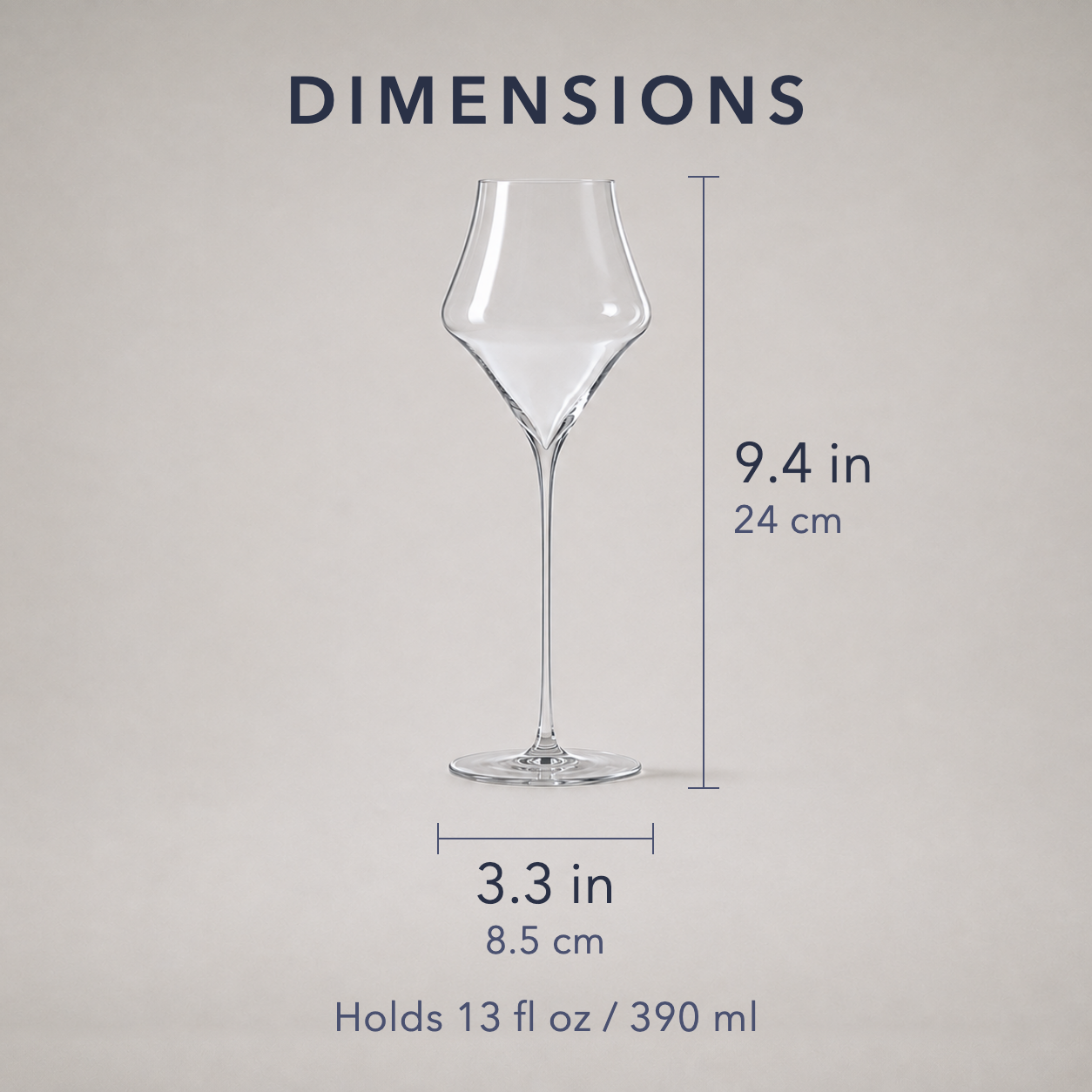 Dimensions of the champagne glass, 9.4 inches tall by 3.3 inches wide, holding 390 ml