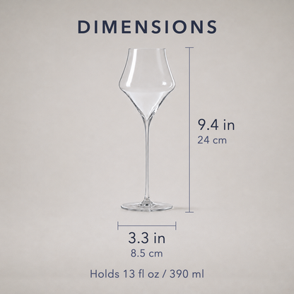 Dimensions of the champagne glass, 9.4 inches tall by 3.3 inches wide, holding 390 ml