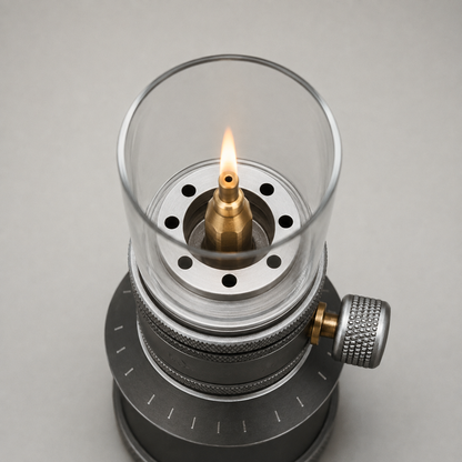 Close-up looking straight down into the open glass globe at the silver burner deck with its eight small round holes, and the stepped brass nozzle in the centre with the flame rising from the single hole in its top