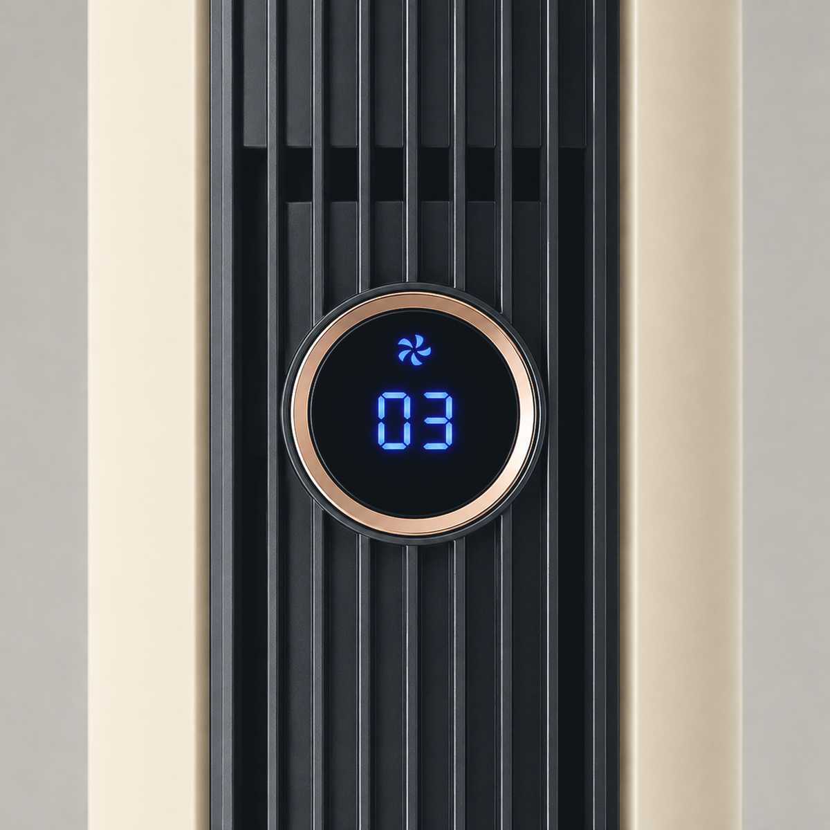 Close up of the round LED display set into the black column, with a rose gold ring and blue digits
