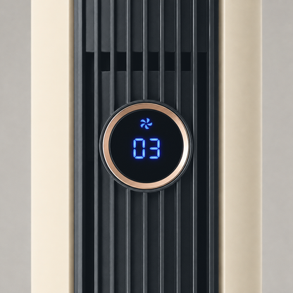Close up of the round LED display set into the black column, with a rose gold ring and blue digits