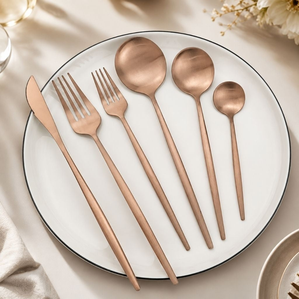 Matte rose gold cutlery place setting on a white plate: six pieces from dinner knife to teaspoon