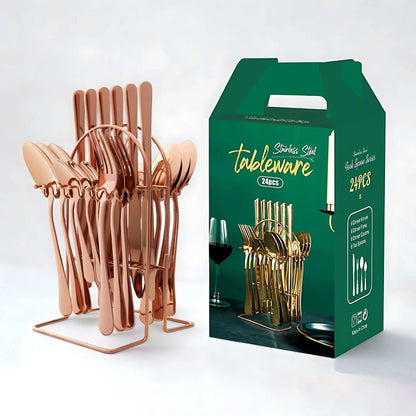All rose gold 24-piece cutlery set hanging on a rose gold arched storage rack
