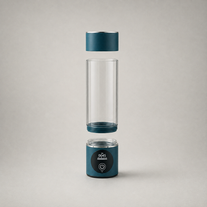 The bottle taken apart on plain grey: cap above, clear chamber with its threaded collar in the middle, base unit below
