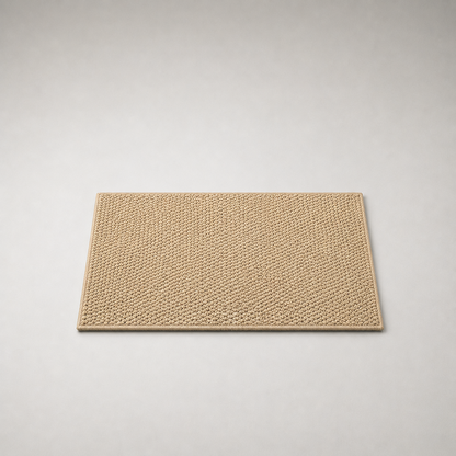 Beige loop pile doormat lying flat on a plain grey studio background, seen from above and slightly to the front, showing the rectangular shape, the overlocked edge and the depth of the pile at the near edge