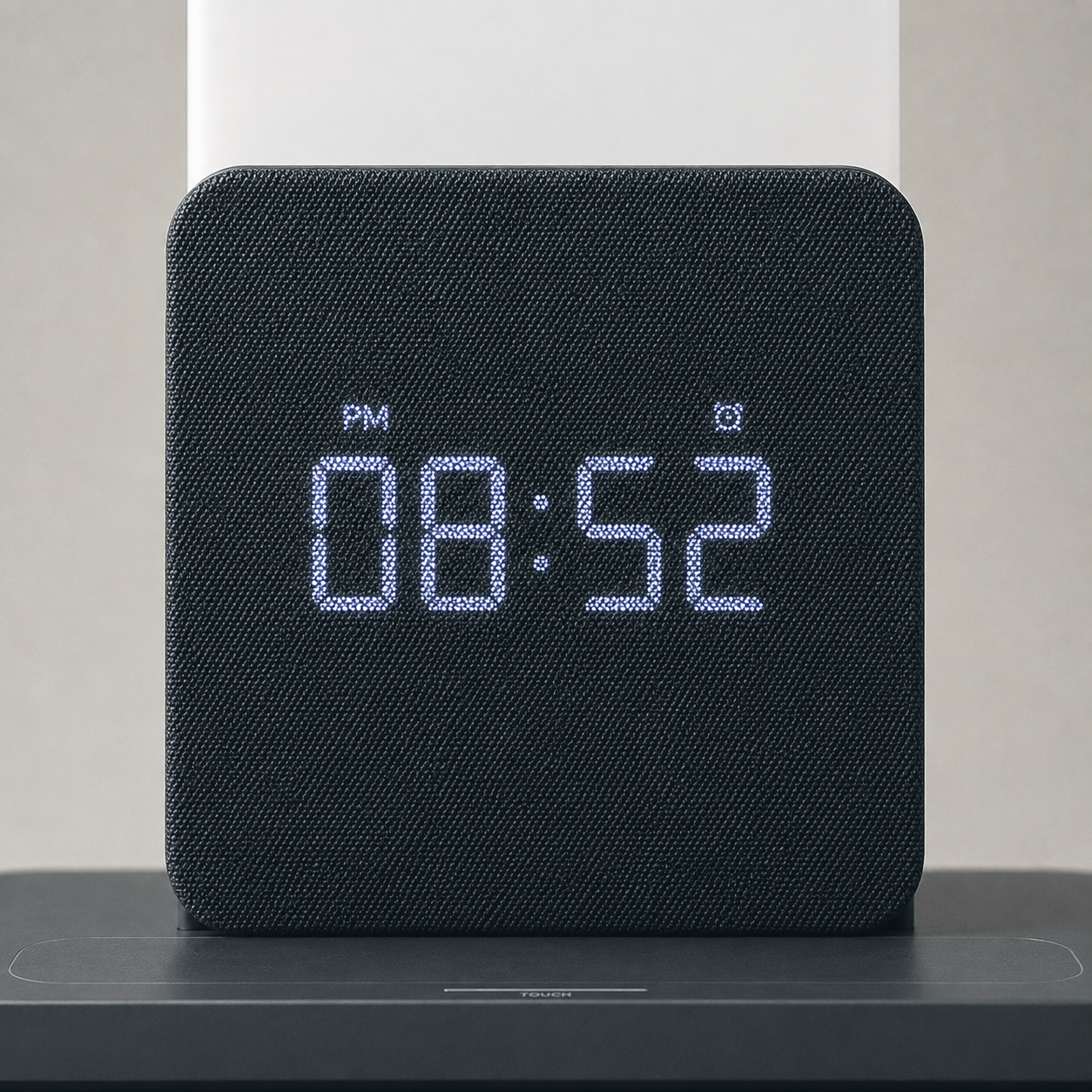 Close up of the LED digits shining through the black woven cloth clock face, weave visible across every segment