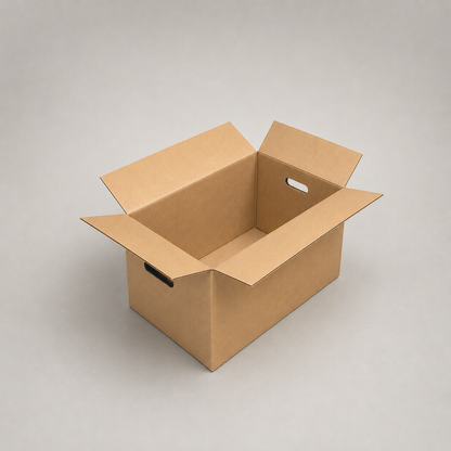 Cardboard moving box on a plain gray background with the four top flaps folded open, seen from above