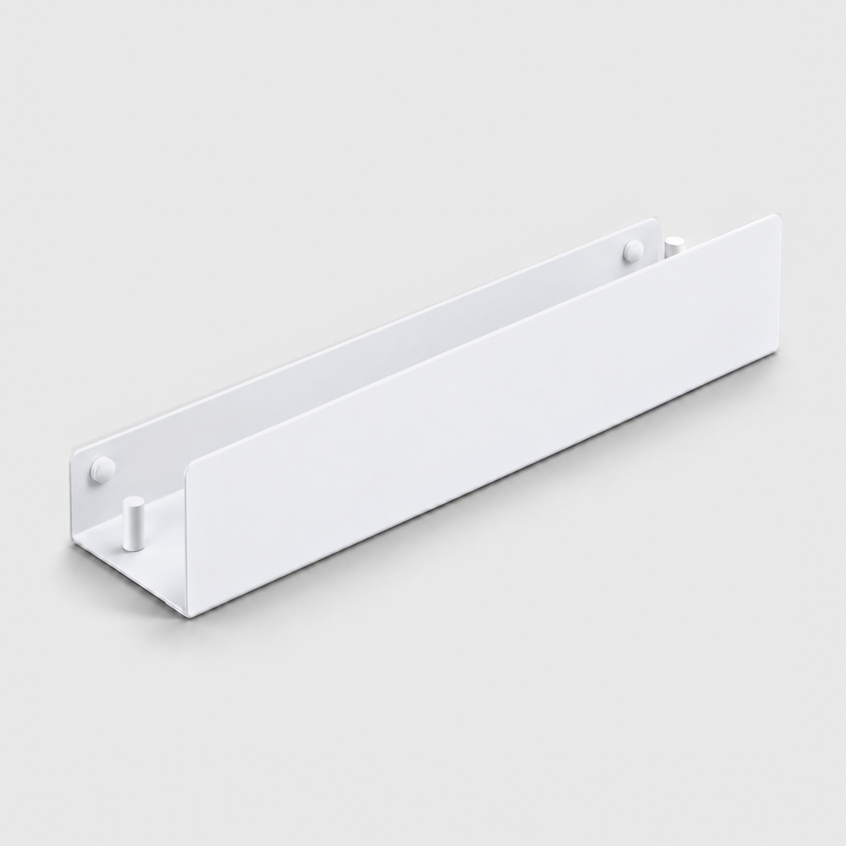 White aluminum bathroom shelf with open ends and a hook peg at each end, on a light grey background