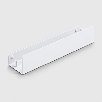 White aluminum bathroom shelf with open ends and a hook peg at each end, on a light grey background