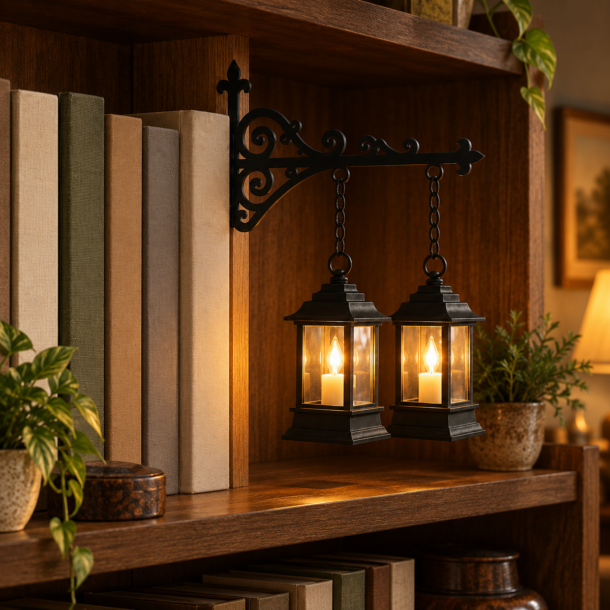 Twin Lanterns, two square lanterns on two chains from one black bracket, on a dark bookcase shelf in the evening