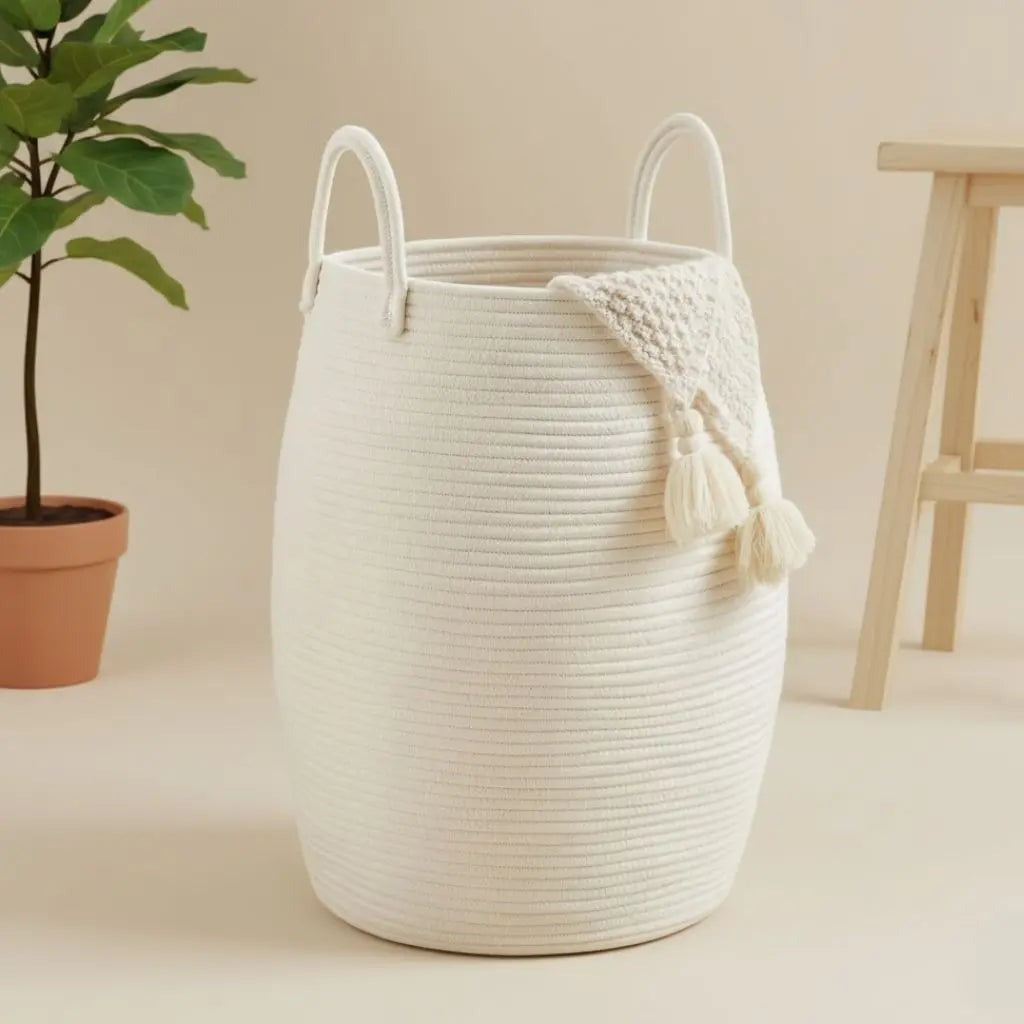 A white rope laundry hamper with a cream tasseled throw over the rim, beside a potted plant.