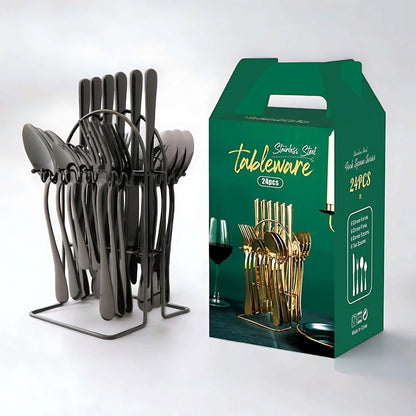 All-black 24-piece cutlery set hanging on a dark arched storage rack