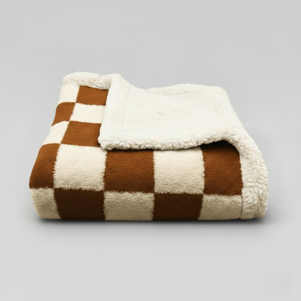 Brown and cream checkered waterproof blanket folded to show its plain cream sherpa reverse