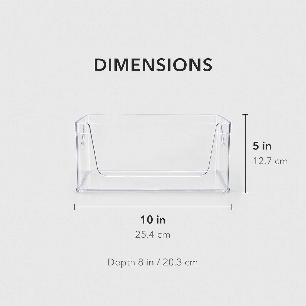 Dimensions of the open-front pantry bin, 10 inches wide and 5 inches tall, 8 inches deep