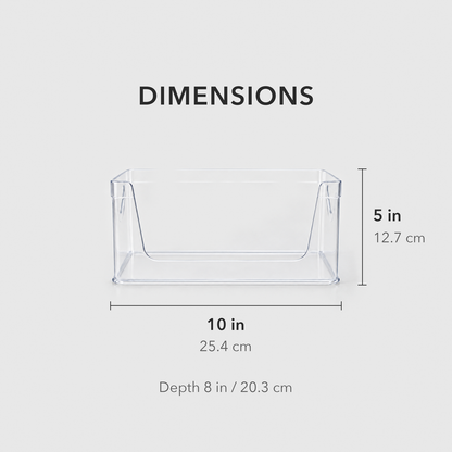 Dimensions of the open-front pantry bin, 10 inches wide and 5 inches tall, 8 inches deep